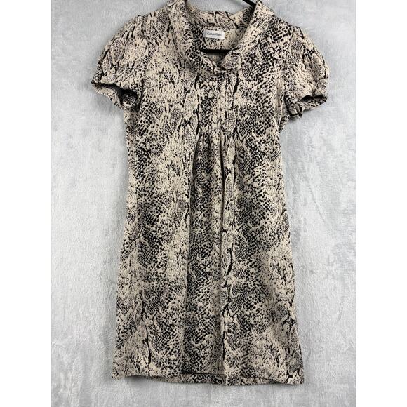 Calvin Klein Snake Print Shift Dress – Puff Sleeve Stretch – Tan/Black – Size 8P - Picture 2 of 8